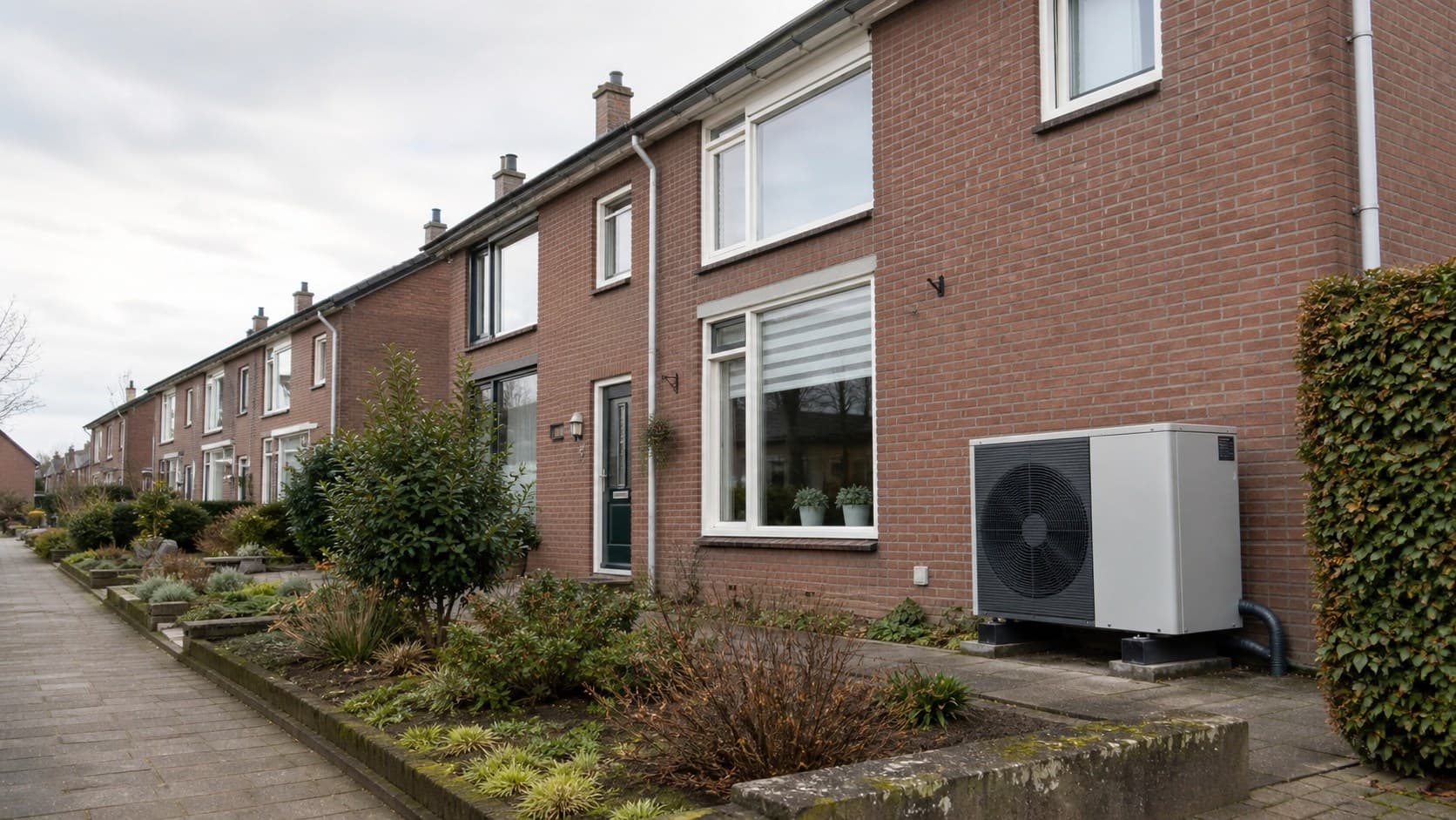 Warmtepomp buitenunit naast een jaren 70 woning