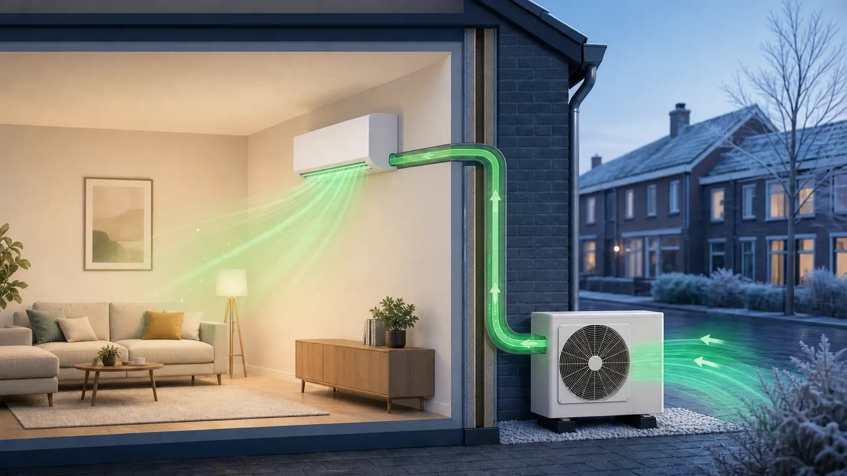 Doorsnede van een woning: een airco haalt warmte uit de koude buitenlucht en verwarmt daarmee de woonkamer.