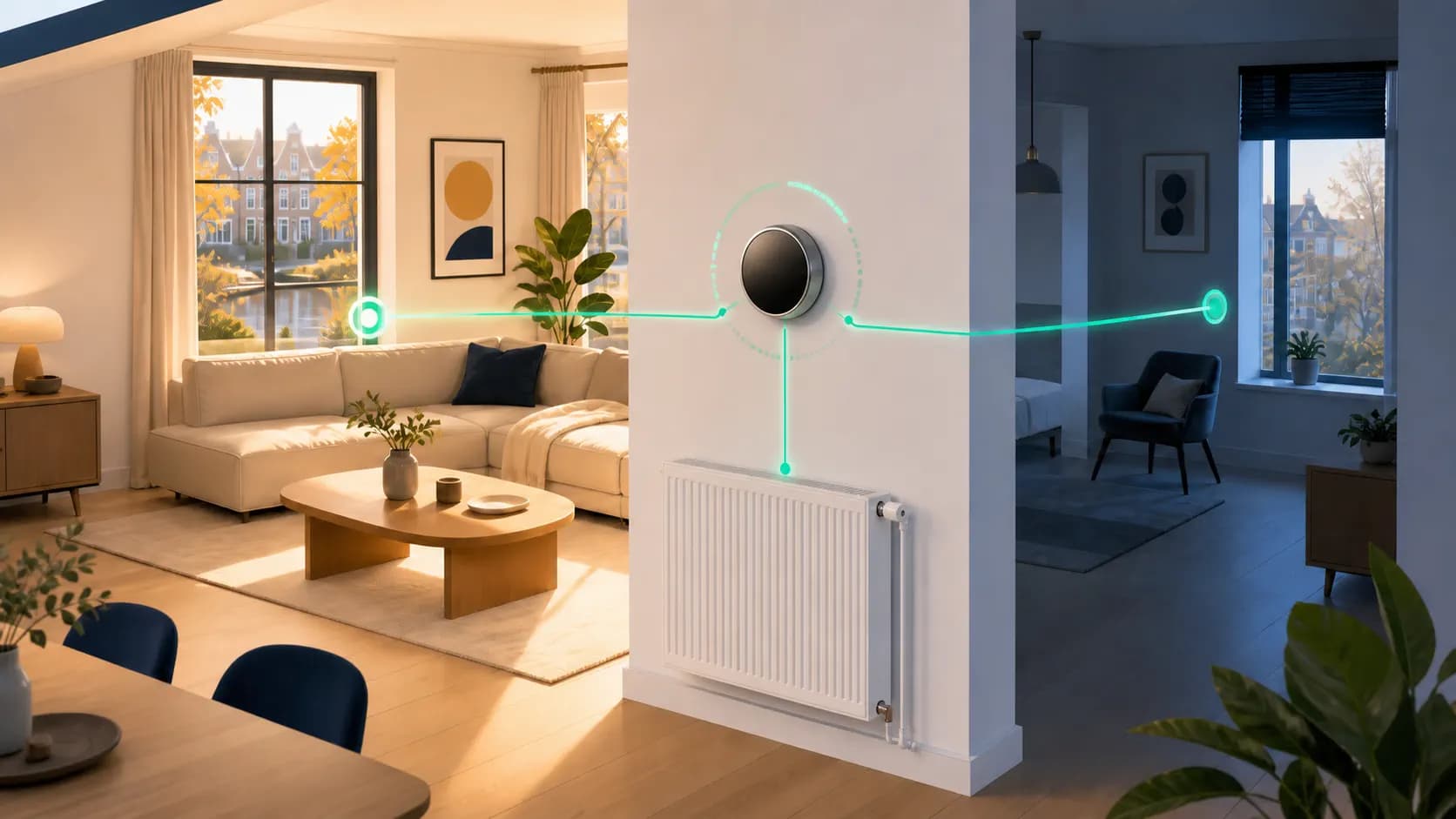 Slimme thermostaat aan de muur stuurt via lichtgevende verbindingen de verwarming in meerdere kamers aan.