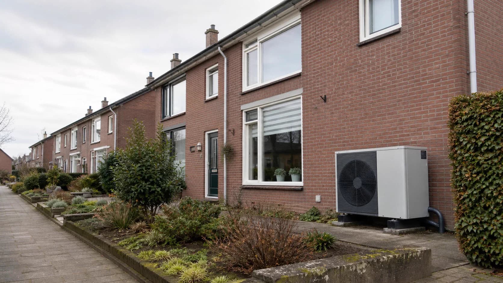Warmtepomp buitenunit naast een jaren 70 woning
